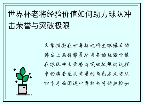 世界杯老将经验价值如何助力球队冲击荣誉与突破极限